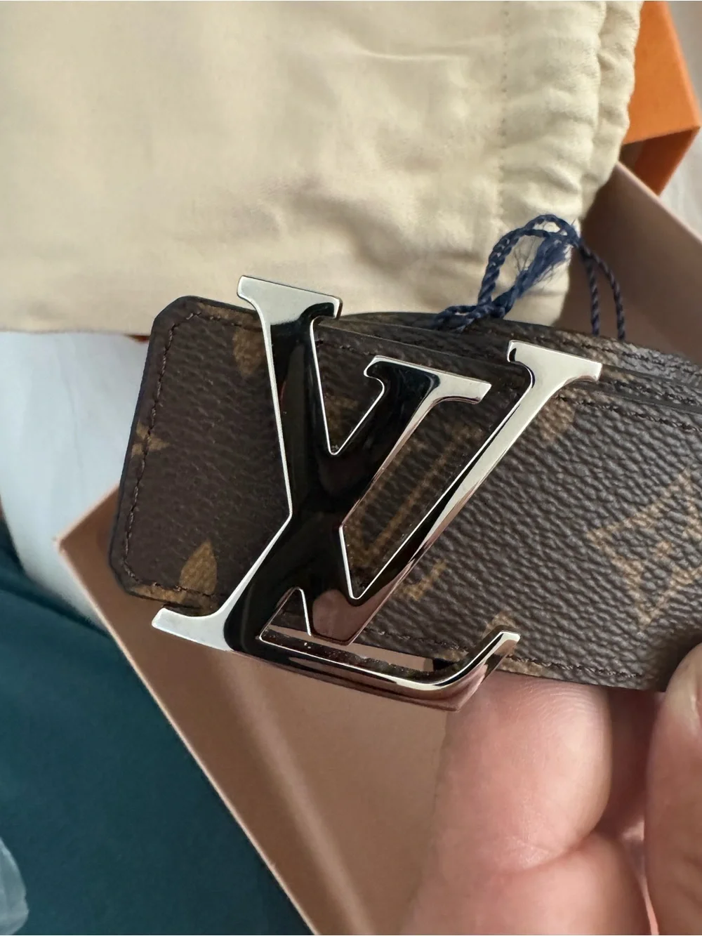 Louis Vuitton Brown Monogram Belt with Silver LV Initial Buckle